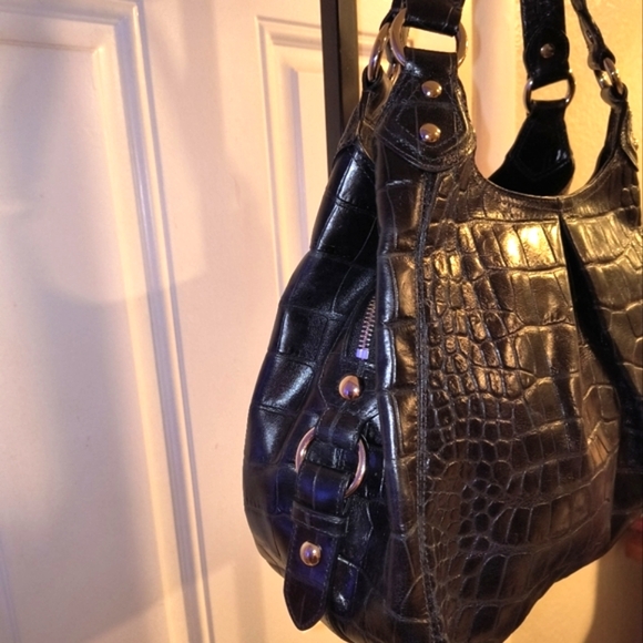 COACH Black Croc-Embossed Leather Maggie 2-Strap Purse Handbag EXC - Picture 3 of 14